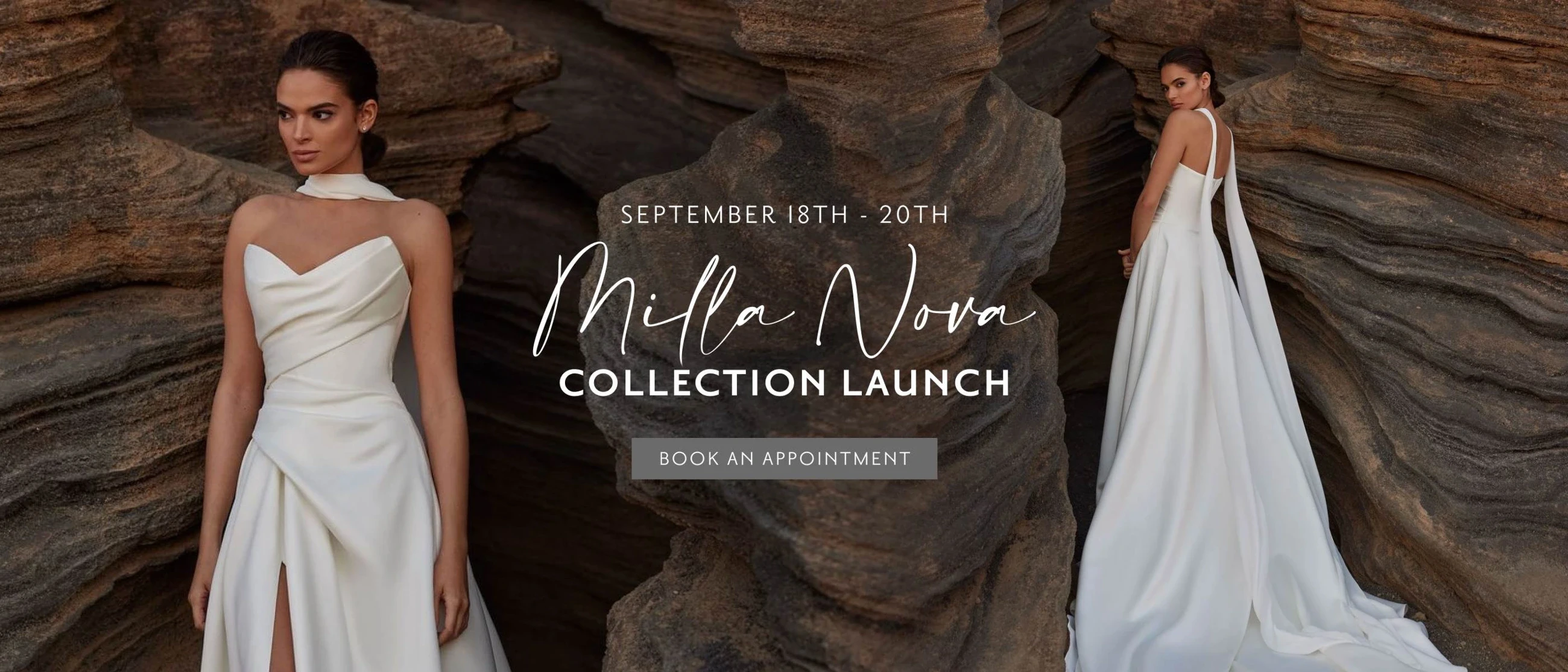 Models wearing Milla Nova bridal gowns, Milla Nova collection launch desktop banner