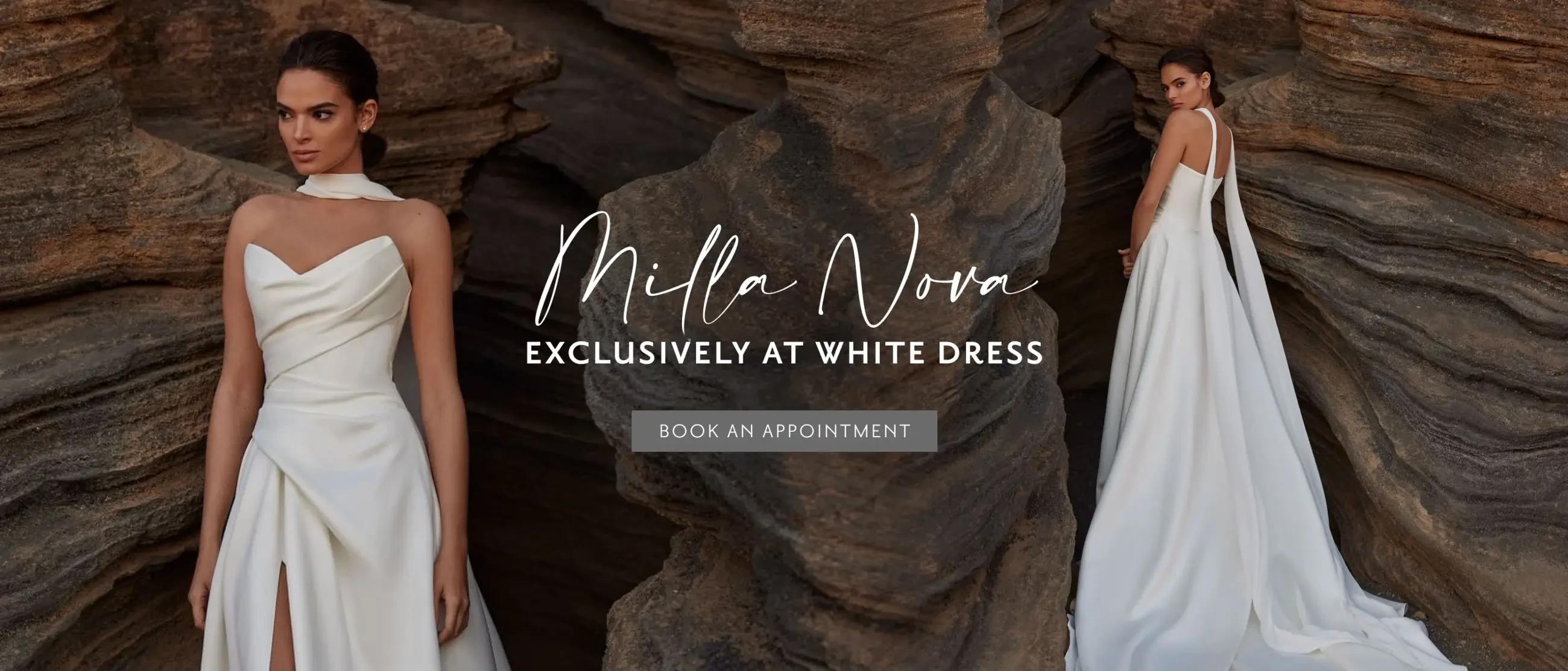 Models wearing Milla Nova bridal gowns, Milla Nova collection launch desktop banner