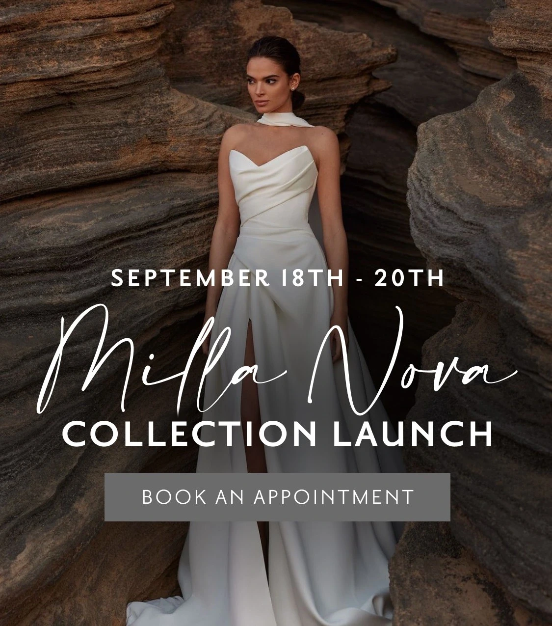 Model wearing Milla Nova bridal gown, Milla Nova collection launch mobile banner