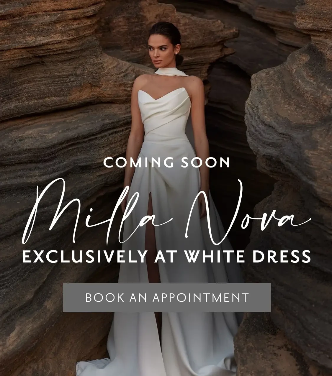 Model wearing Milla Nova bridal gown, Milla Nova collection launch mobile banner