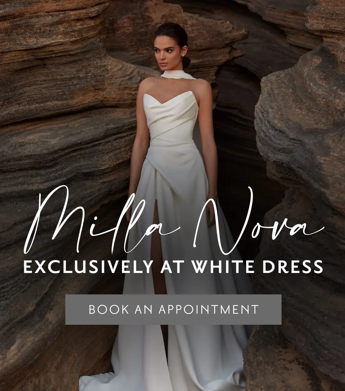 Model wearing Milla Nova bridal gown, Milla Nova collection launch mobile banner