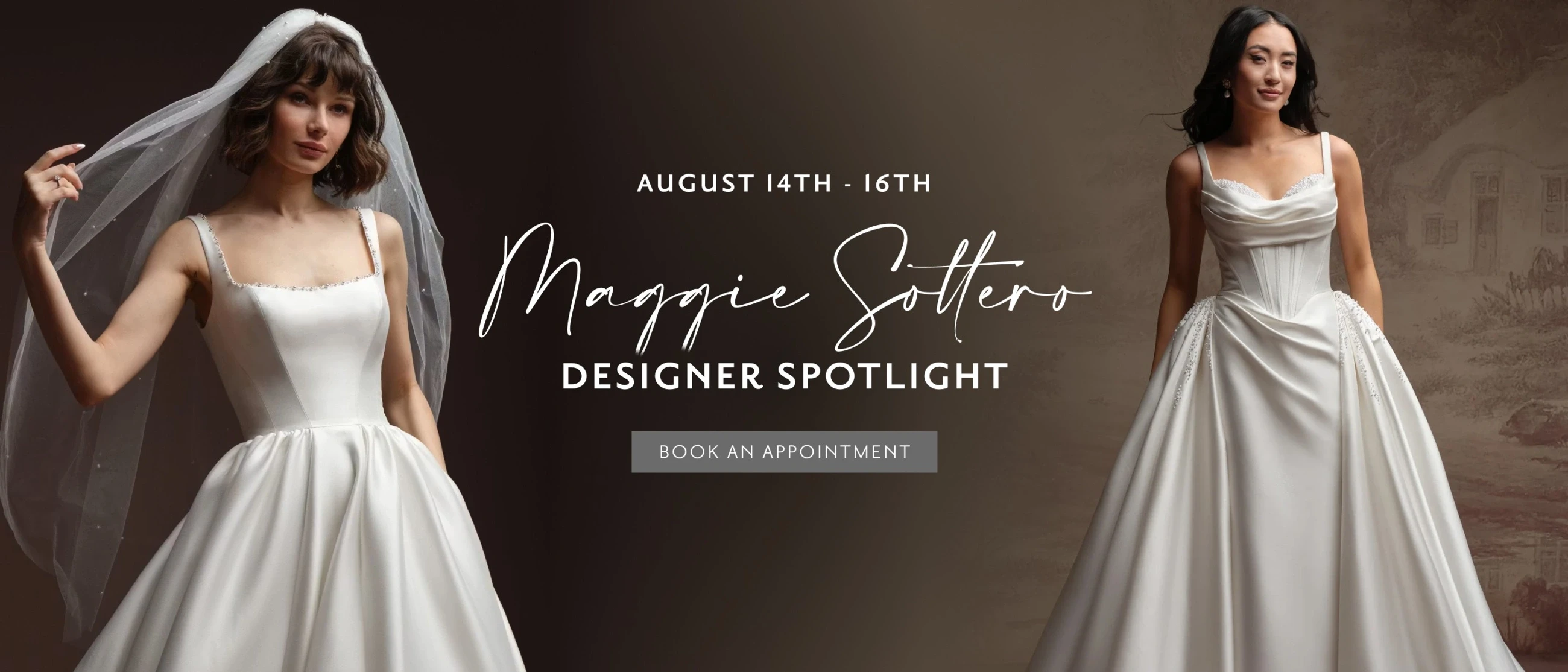 Models wearing Maggie sottero bridal dresses, designer spotlight desktop banner
