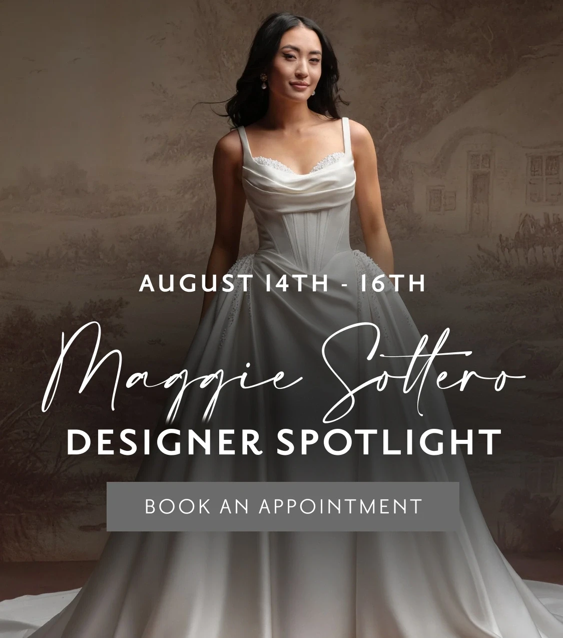 Model wearing Maggie sottero bridal dress, designer spotlight mobilebanner